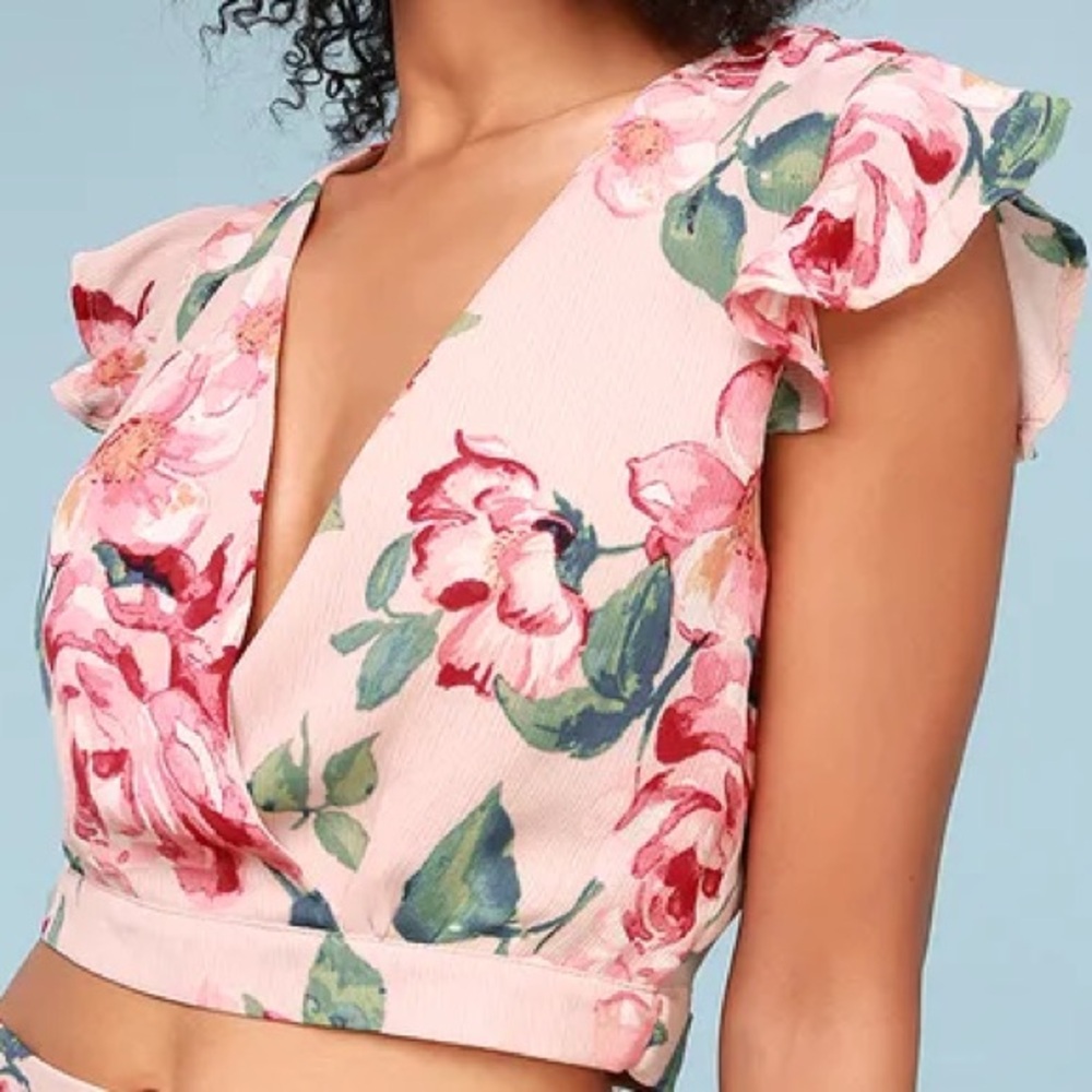 Lulu’s Women’s Small Blush Pink Rose Floral Print Crop Top‎ Summer Spring